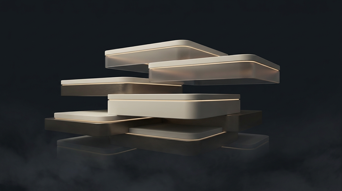 Abstract 3D illustration of layered architectural tiers in muted gold rising from a dark slate background, soft directional light casting gentle shadows across smooth polymer surfaces