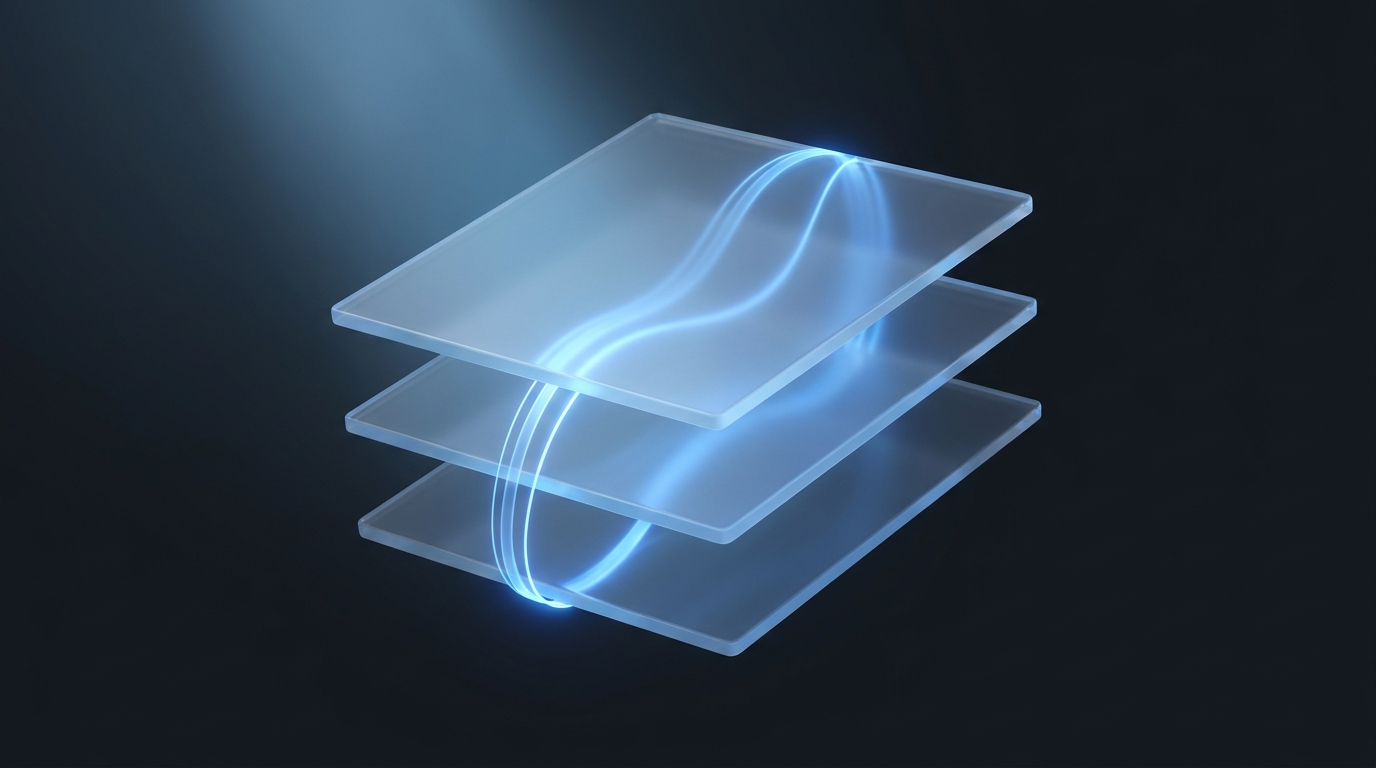 Editorial illustration of layered translucent geometric planes with flowing data ribbons in electric blue against a deep slate background, soft directional lighting