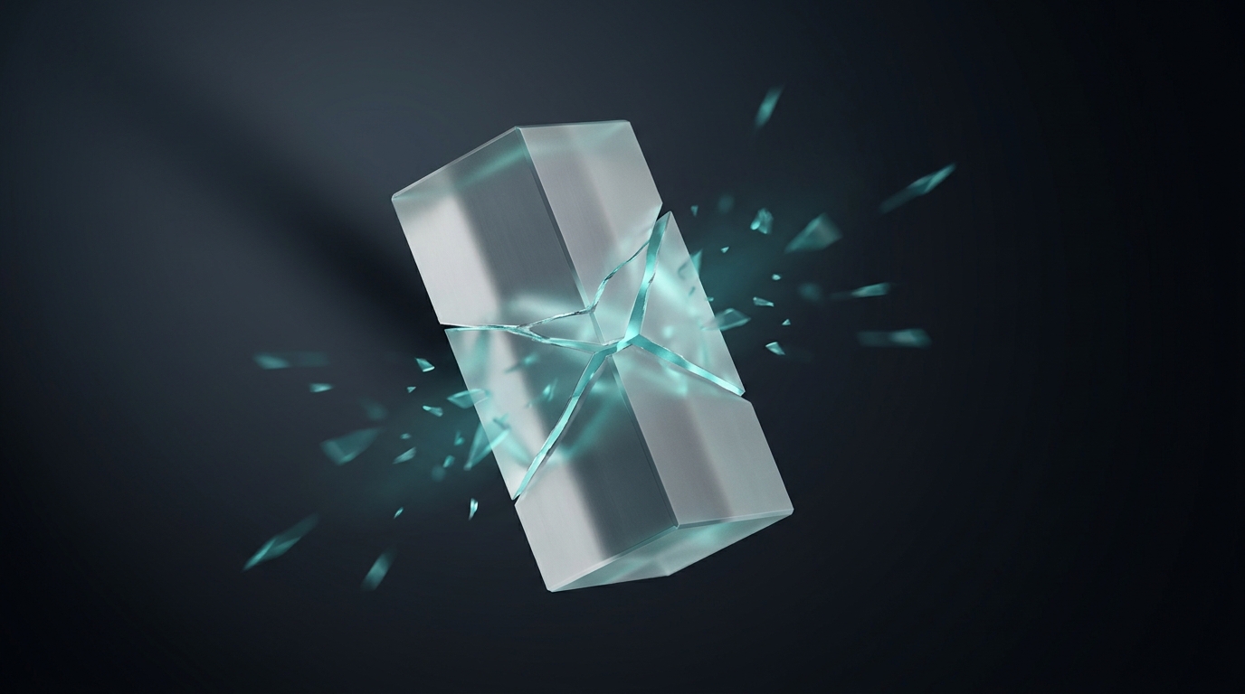 Abstract 3D illustration of a cracked geometric prism emitting scattered light fragments against a deep slate background, accent in cool teal.