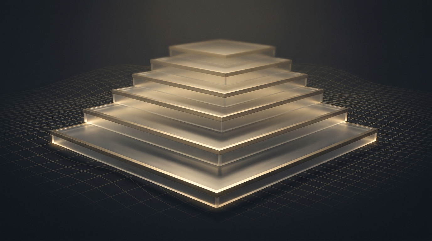 Abstract layered architectural tiers rising in muted gold against a deep slate background, lit from a single left source with frosted glass material surfaces.