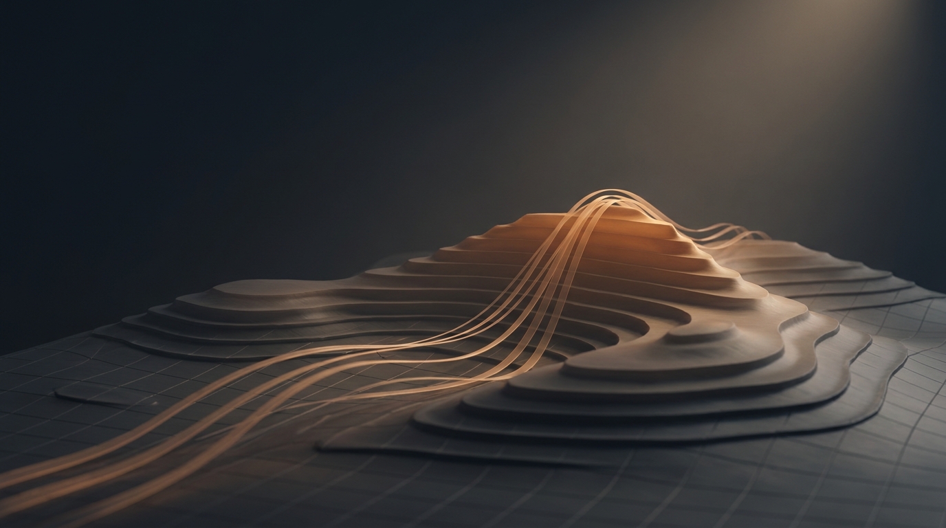Editorial illustration of a layered topographic landscape in deep amber rising from a near-black slate background, with flowing light trails converging toward a central elevated surface.