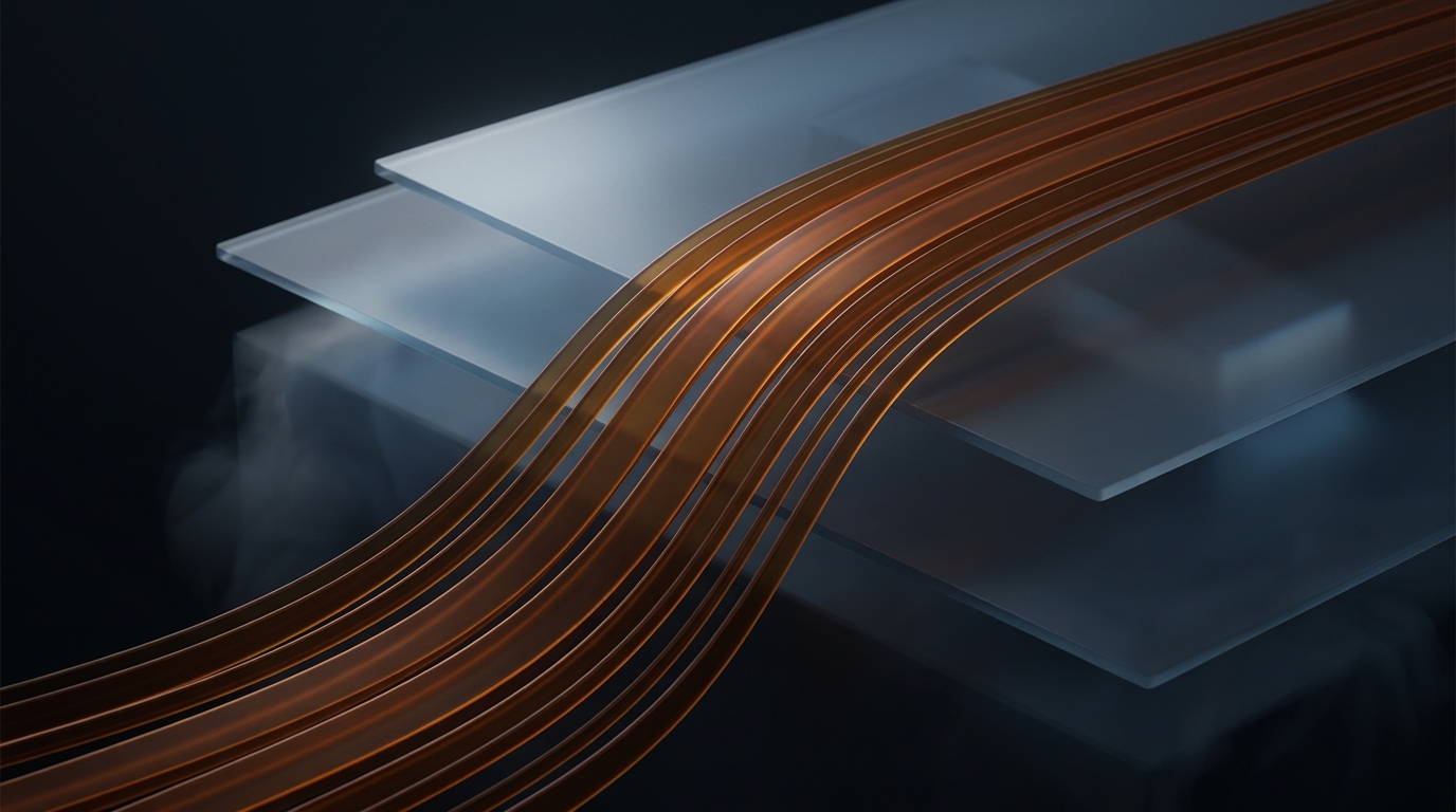 Abstract 3D illustration of layered translucent planes and flowing data ribbons in deep amber against a deep slate background, soft directional lighting