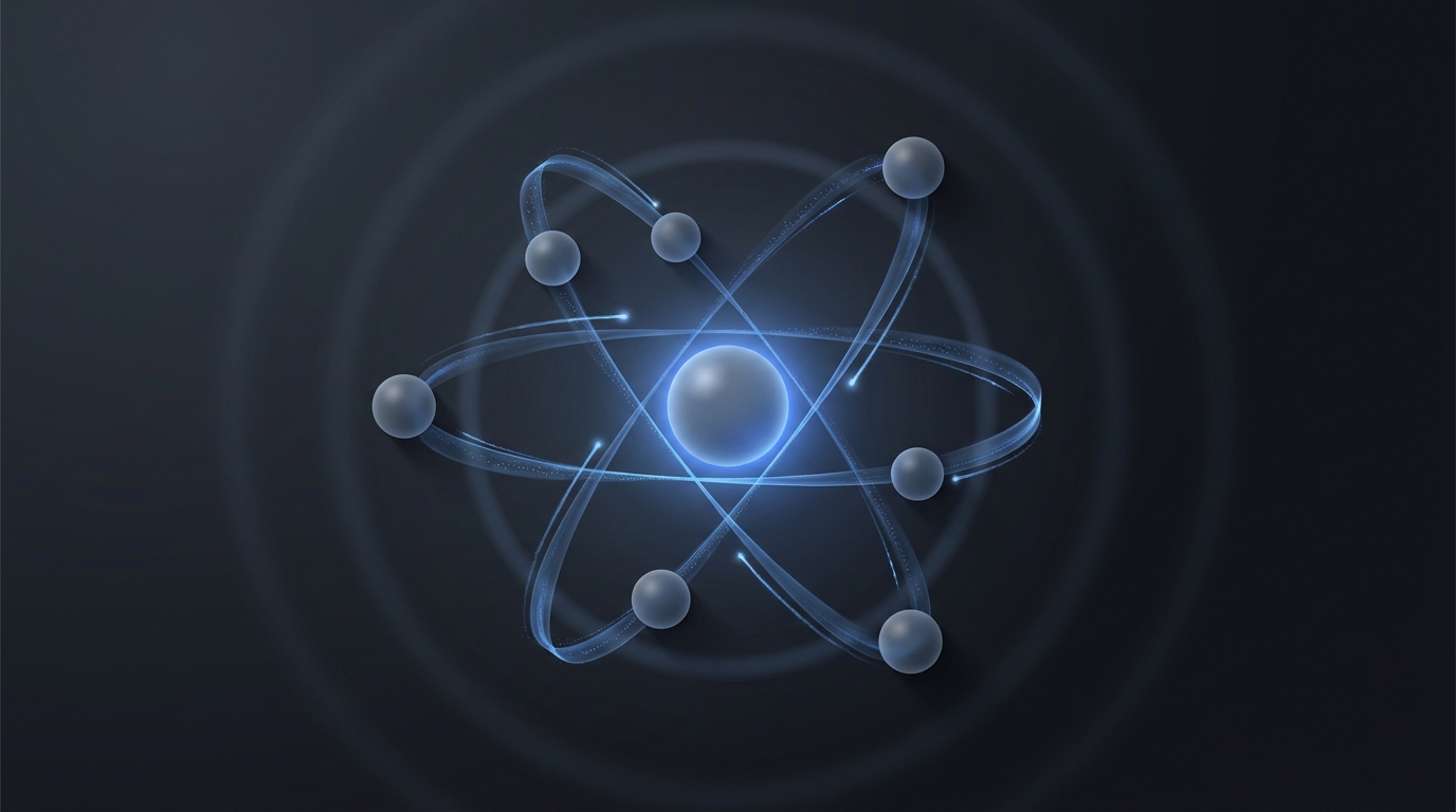 Editorial illustration of glowing electric-blue connected nodes and light-pulse data ribbons against a deep slate background, with flowing particle trails suggesting automated network coordination.