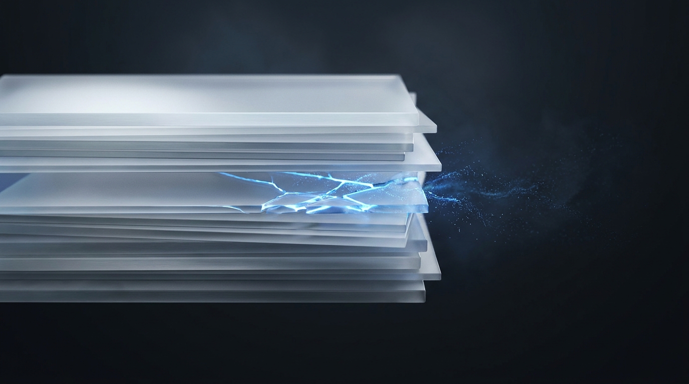 Abstract 3D illustration of layered translucent planes with one glowing electric-blue plane fragmenting at center, deep slate background, soft directional lighting.
