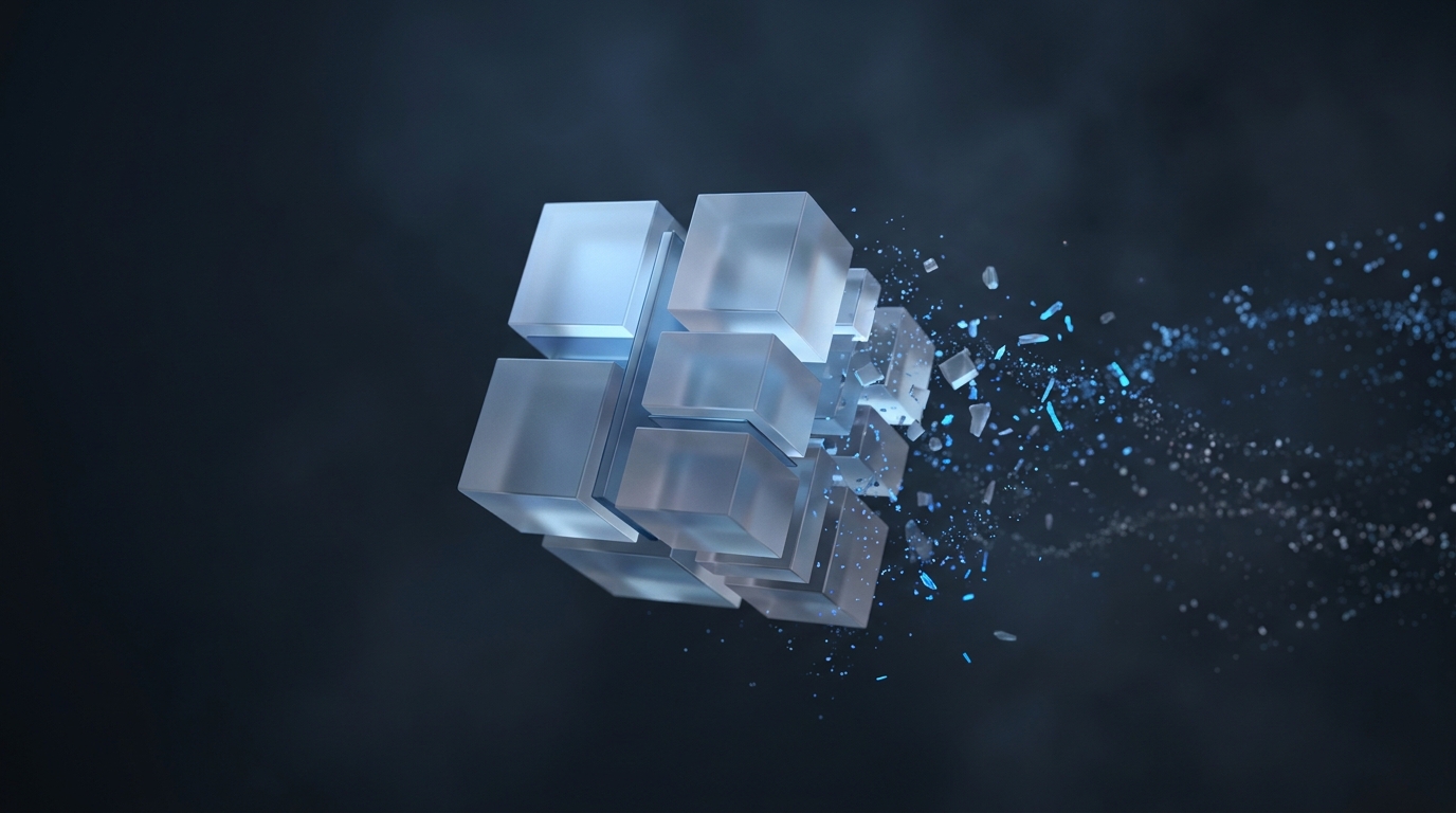 A fragmented cluster of suspended geometric prisms dissolving into particle trails against a deep slate background, lit by a single cool electric blue light source.