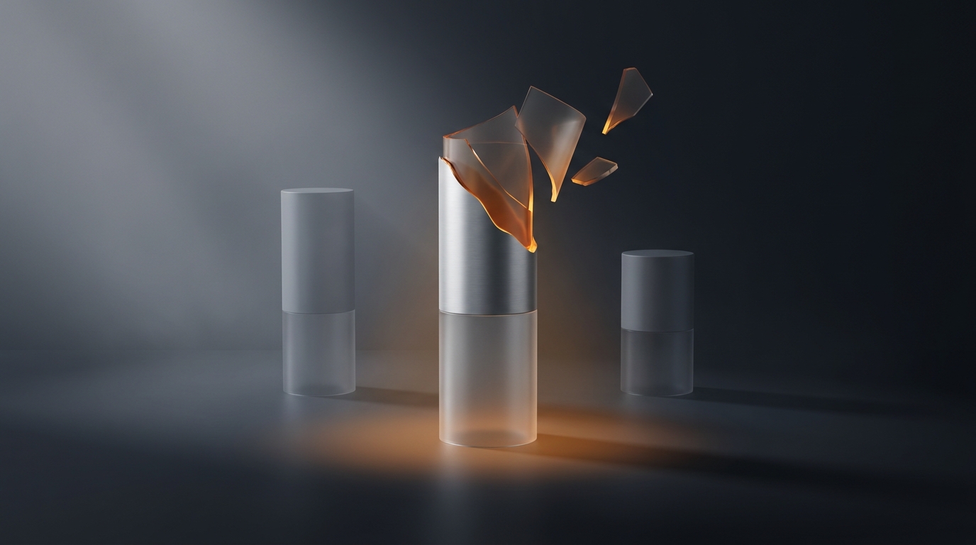 Abstract layered architectural forms rising from a deep slate surface, lit by warm amber light, with smaller dissolved planes receding into soft atmospheric depth.