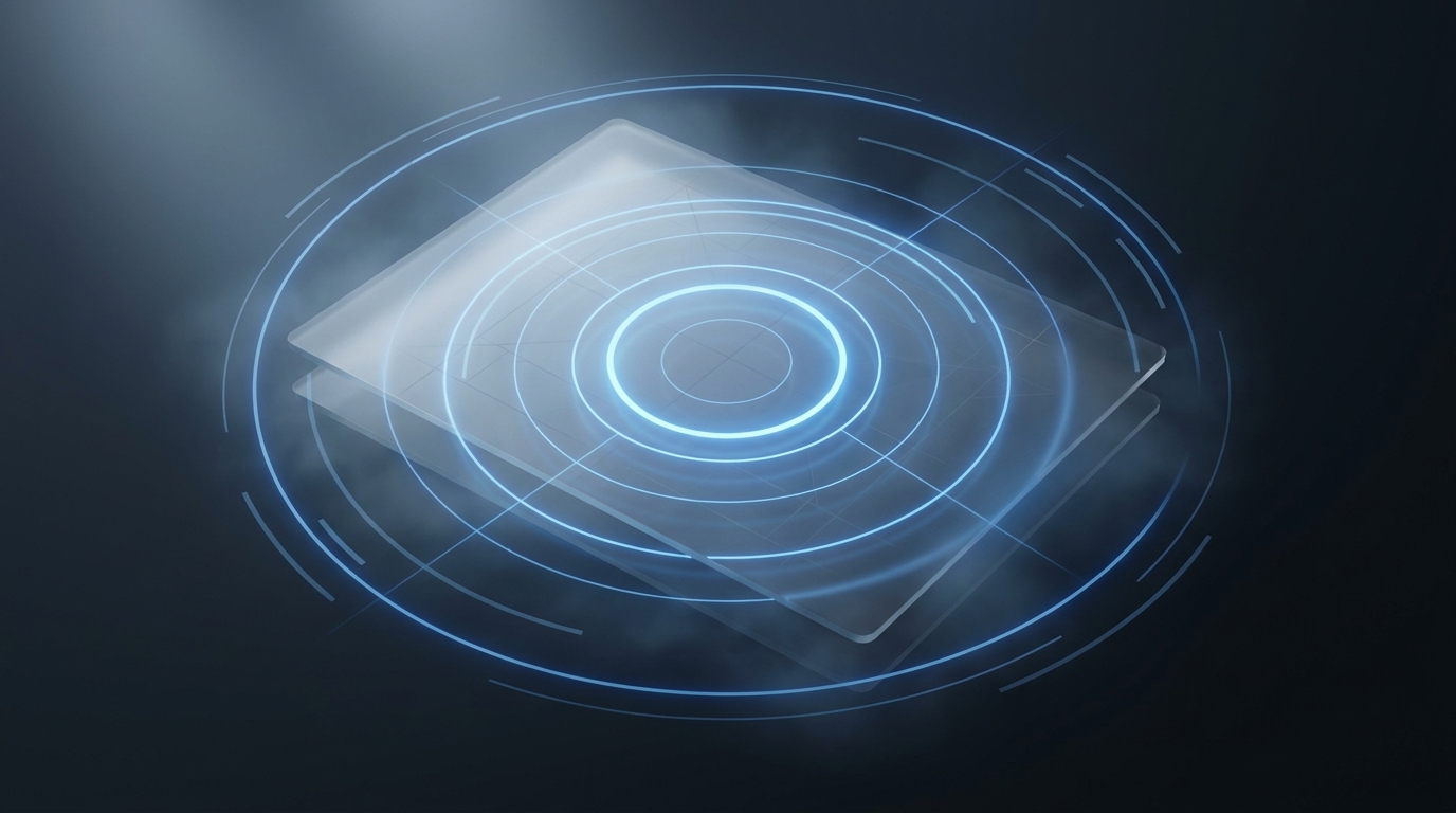 Editorial illustration of concentric data rings and layered translucent planes in electric blue against a deep slate background, with soft directional lighting and frosted glass material treatment.