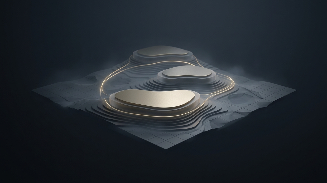 3D editorial illustration of layered topographic landscape with glowing muted gold contour lines rising from deep slate background, soft directional light from upper left