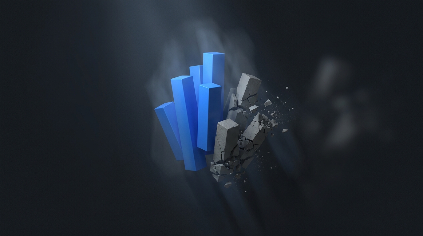 Abstract editorial illustration of suspended geometric prisms in electric blue against deep slate background, with soft directional light and layered translucent planes fading into atmospheric depth