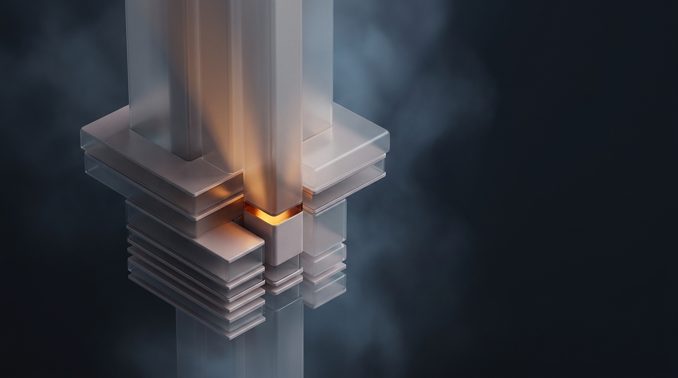 Abstract 3D illustration of layered translucent architectural forms rising from a dark slate surface, lit with warm amber from a single directional light source