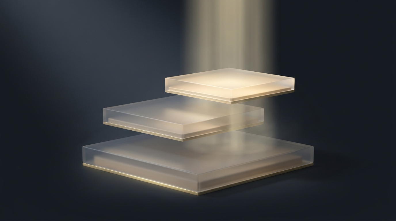 Editorial illustration of layered architectural forms in muted gold rising from a deep slate surface, with soft light tracing connected tiers and gentle atmospheric depth in the background.