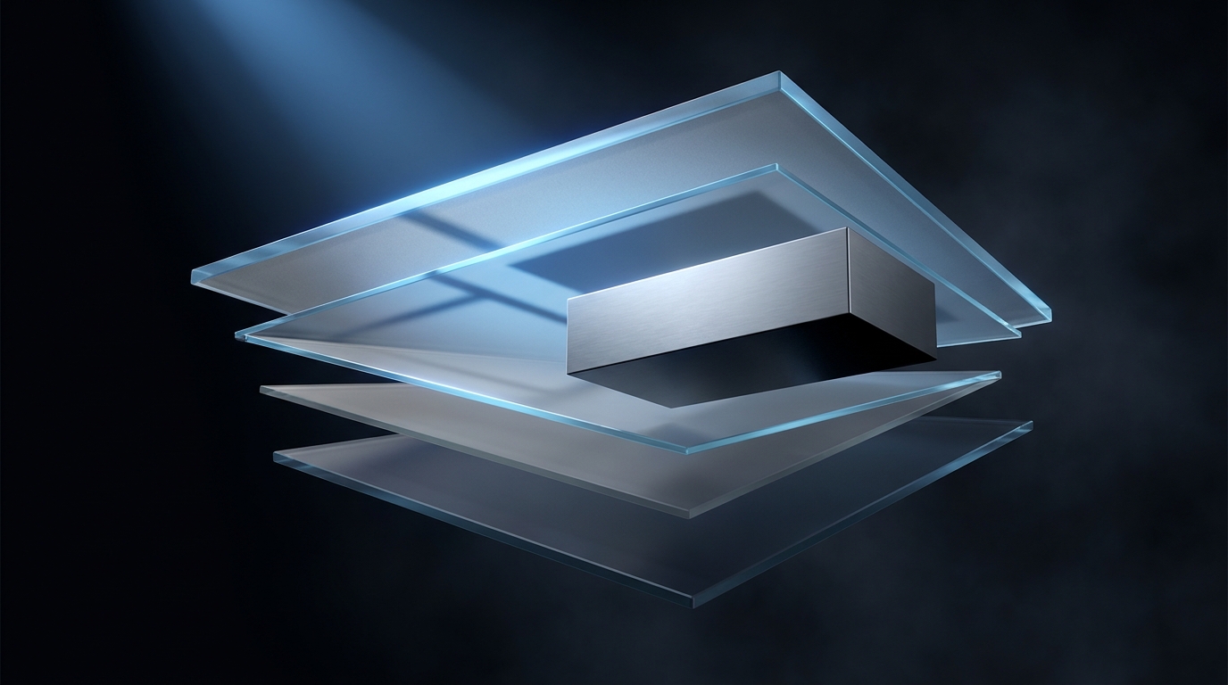 Layered translucent planes suspended on a dark slate background, lit from one side in electric blue, with a hard ceiling plane casting a crisp shadow below.