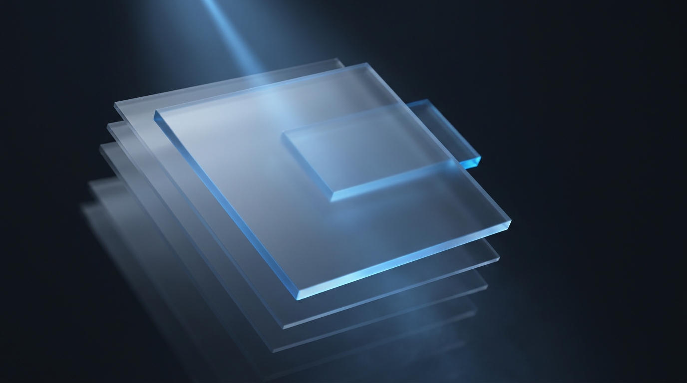 Abstract 3D editorial illustration of layered translucent planes and suspended geometric prisms in electric blue against a deep slate background, lit from a single directional source.