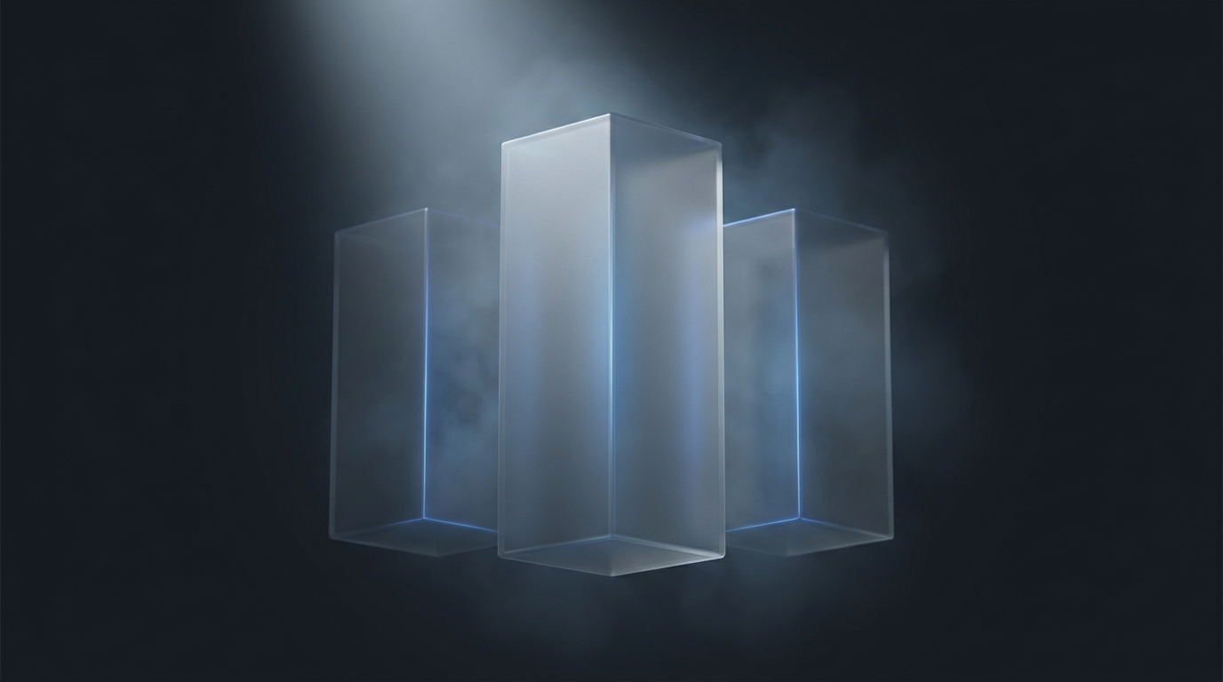 Three suspended translucent geometric prisms of varying heights arranged side by side, lit from the left in electric blue, floating against a deep slate background.