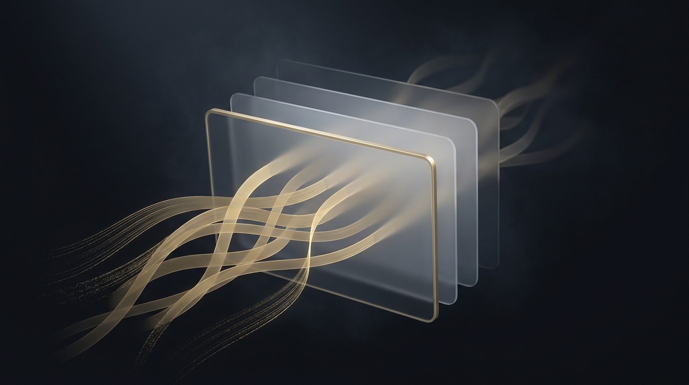 Abstract 3D illustration of flowing muted-gold data ribbons layering over stacked translucent planes on a deep slate background, lit by a single soft directional light source.