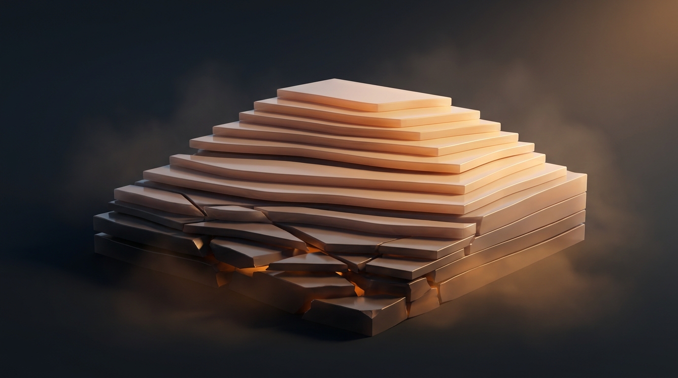 Abstract layered architectural tiers rising from a dark slate base, lit by warm amber light revealing structured geometric forms with smooth polymer surfaces