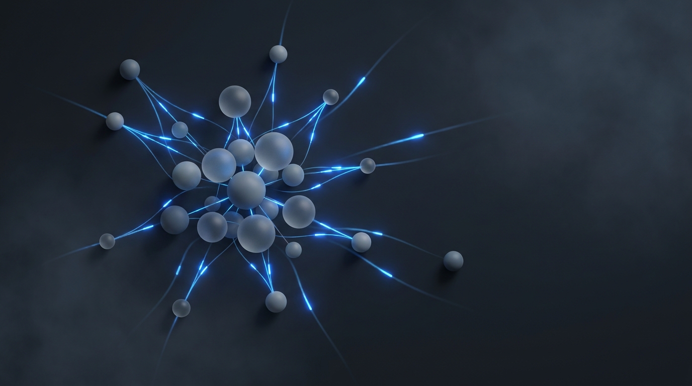 Editorial illustration of glowing electric blue connected nodes and light pulses on a deep slate background, representing AI automation expanding across a network.