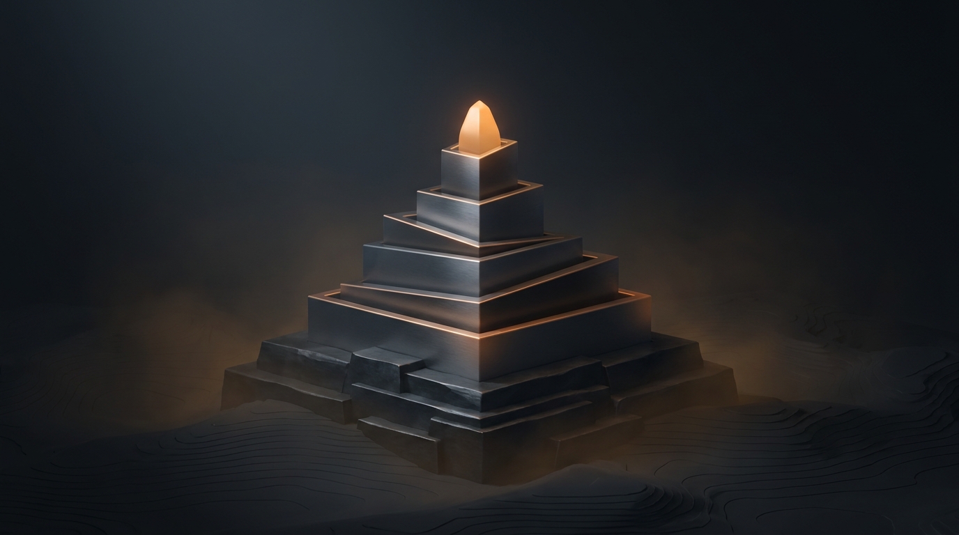 Abstract layered architectural forms in deep amber rising from a dark slate surface, illuminated by soft directional light, with topographic depth fading into atmospheric background.