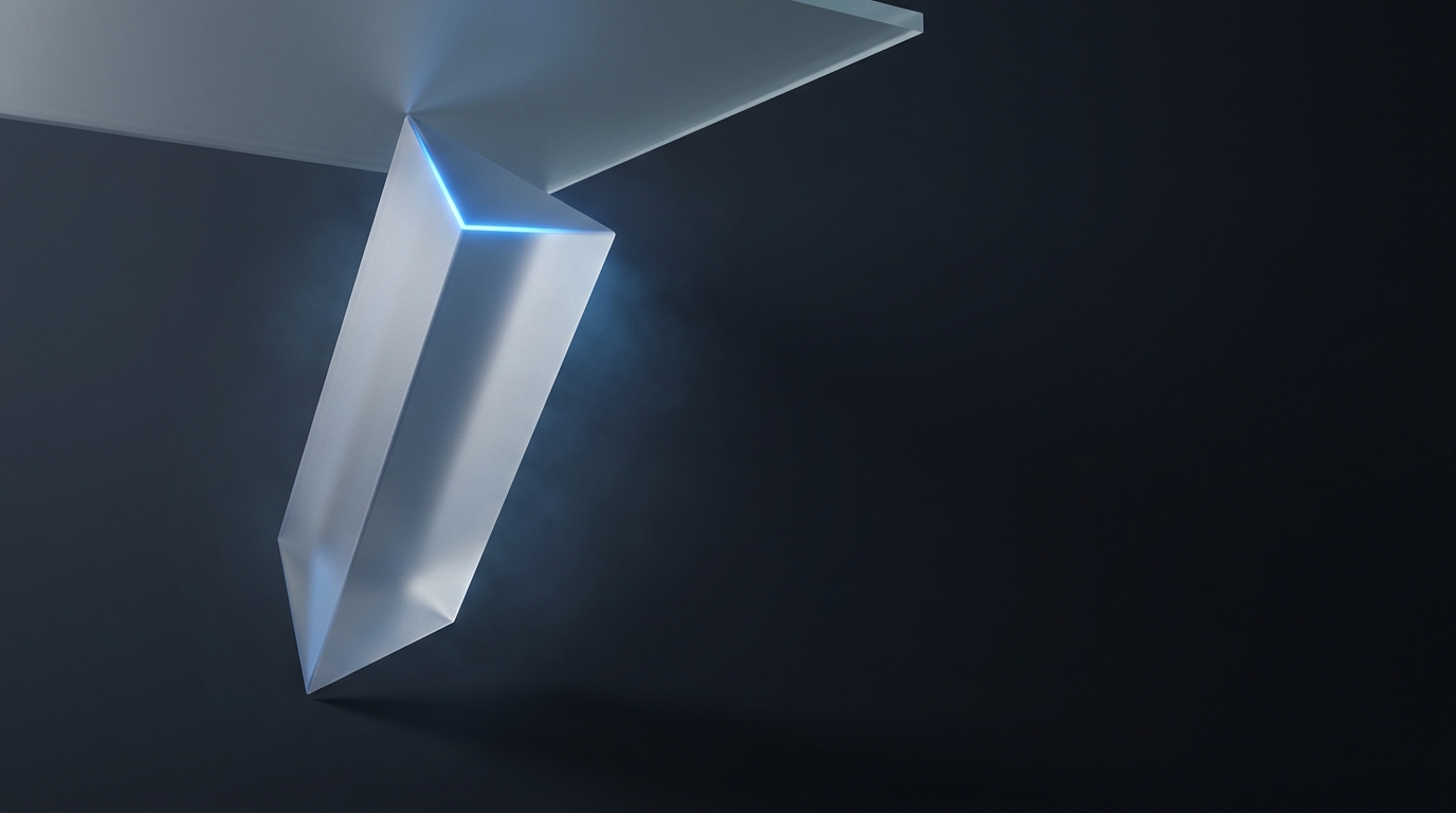 A glowing geometric prism in electric blue suspended against a deep slate background, casting a single directional light source with soft volumetric haze.