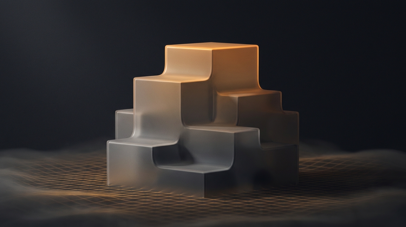 Abstract 3D layered architectural forms in deep amber rising from a dark slate surface, lit by a single soft directional light source with atmospheric depth.