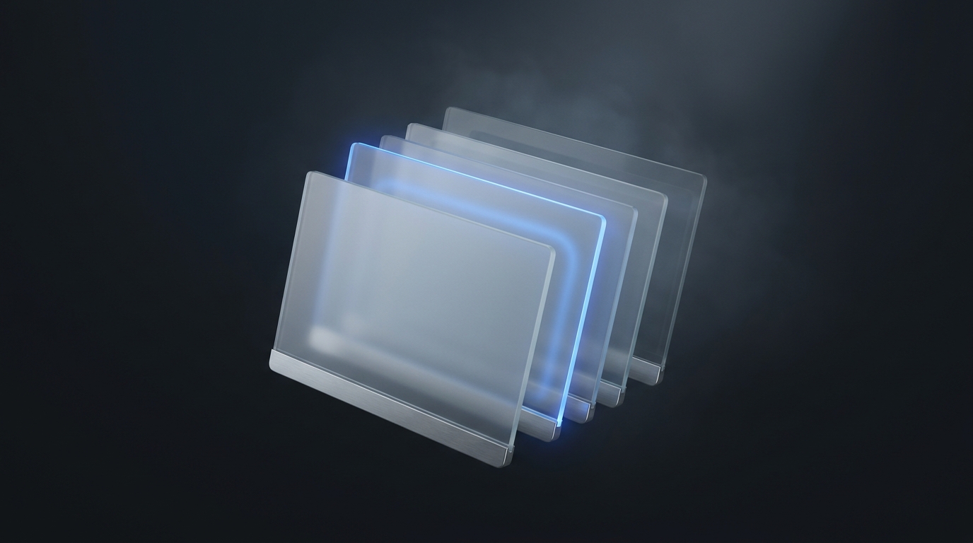 Layered translucent planes of frosted glass and brushed metal suspended on a deep slate background, lit from the left with a cool electric blue accent glow.