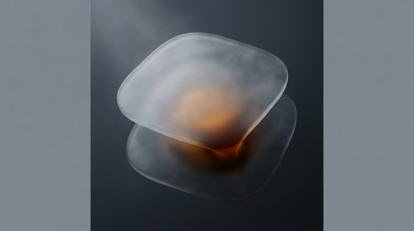 Abstract layered architectural form with deep amber light splitting two translucent stacked planes, one overreaching the other, on a deep slate background.