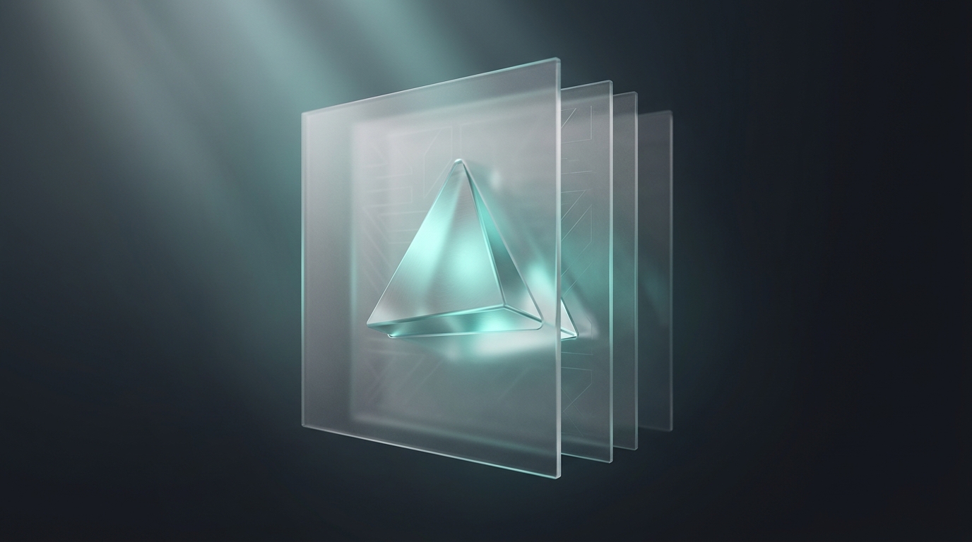 Abstract 3D illustration of a glowing cool teal geometric prism suspended against a deep slate background, constrained by translucent planes, soft directional lighting