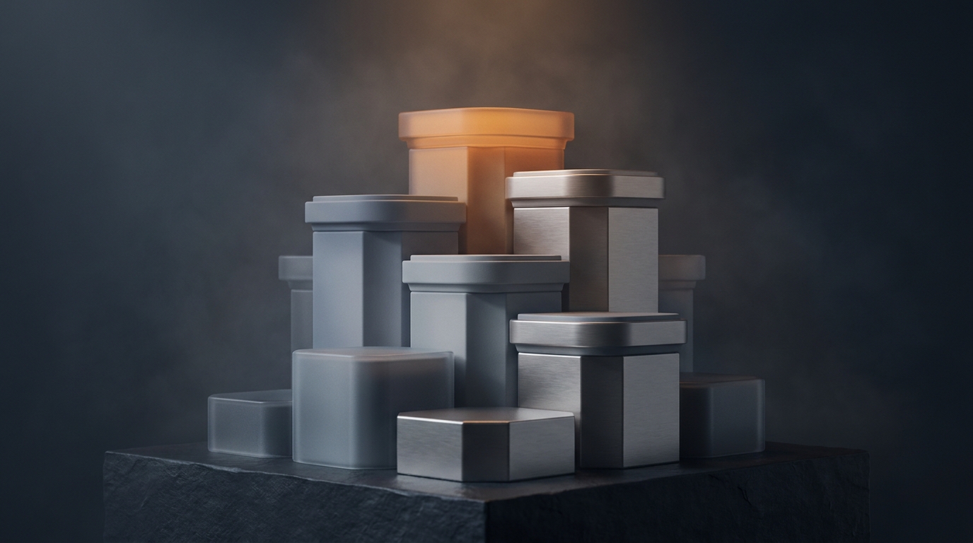 Abstract layered architectural forms in warm amber light rising from a dark slate surface, suggesting structured scale and operational depth.