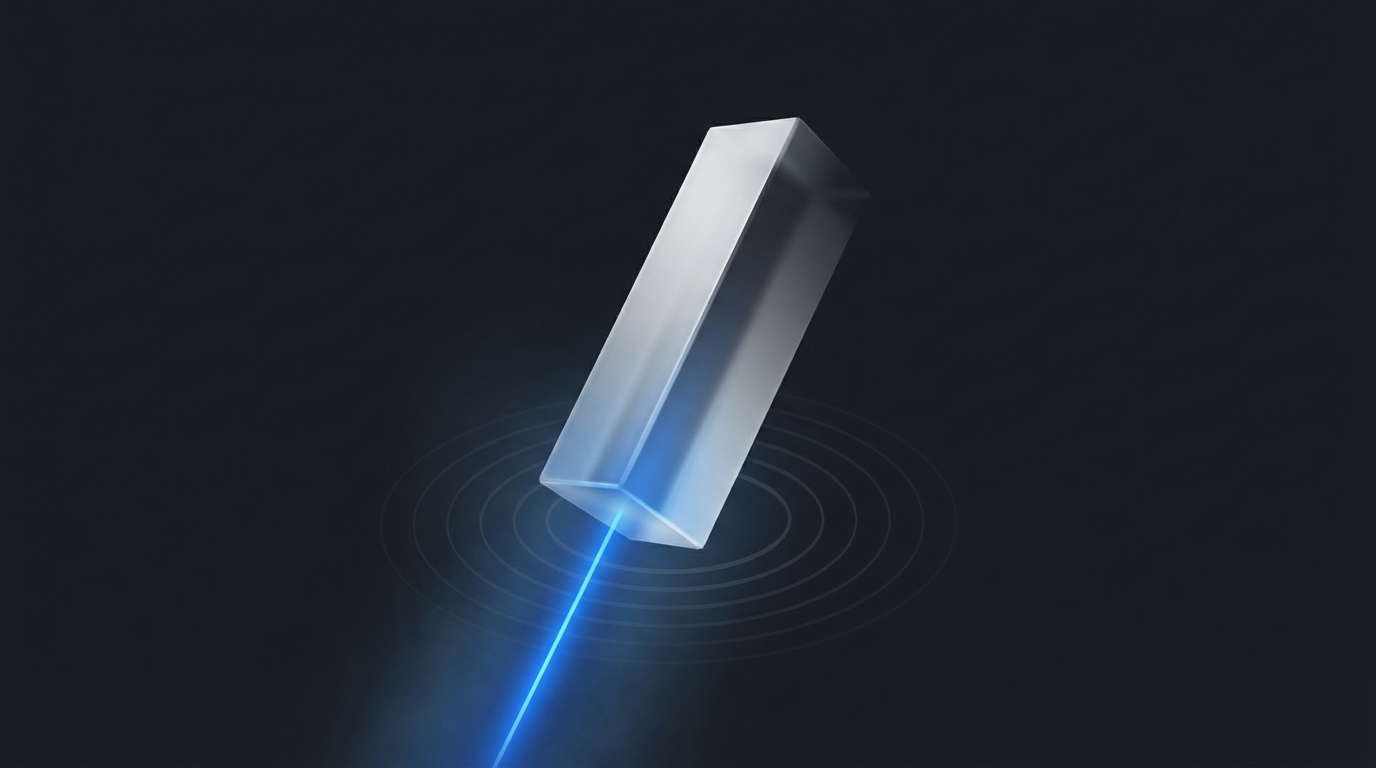 3D editorial illustration of a suspended geometric prism emitting electric blue light on a deep slate background, with soft directional lighting and clean negative space.