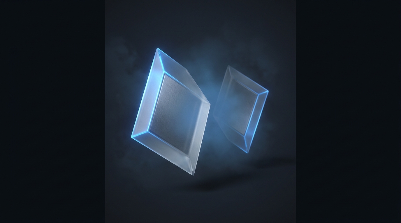 Two suspended geometric prisms facing each other on a dark slate background, lit with electric blue accent light from a single directional source, frosted glass surfaces.