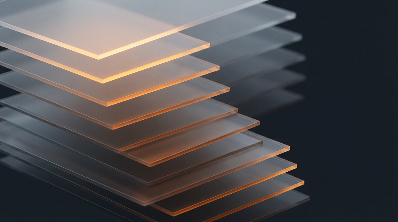 Layered translucent architectural planes ascending in tiers against a deep slate background, lit from one side in warm amber, with subtle topographic surface detail.