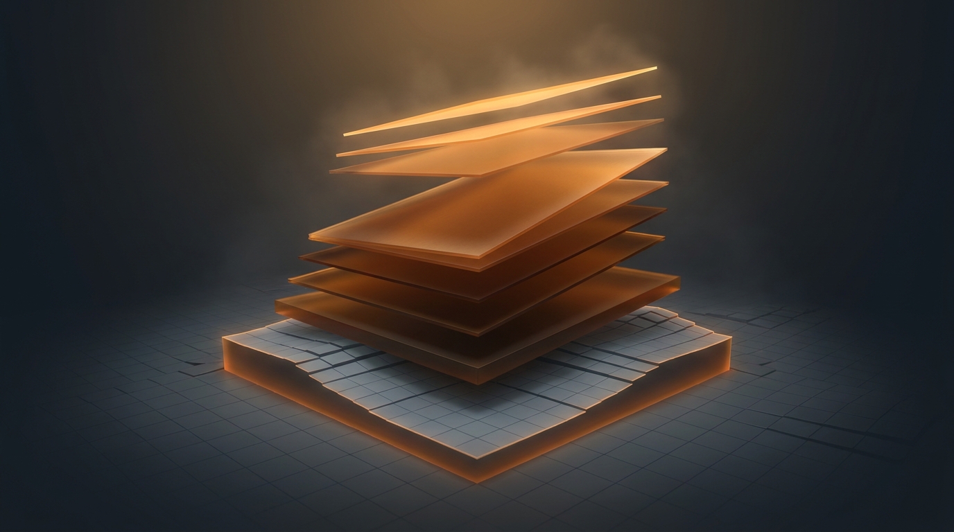 Layered translucent architectural planes rising from a gridded topographic surface, lit by warm amber light against a deep slate background.