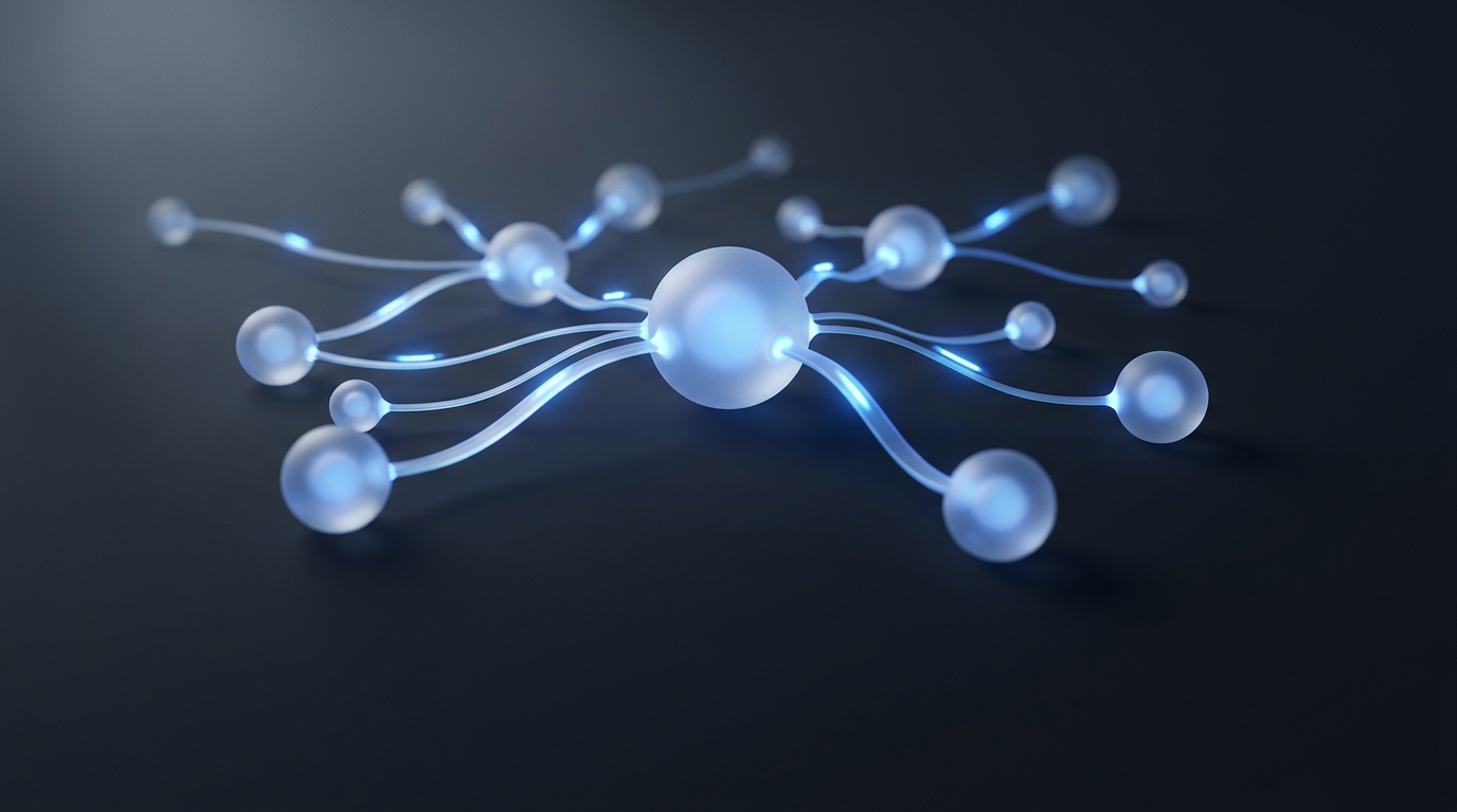 Editorial illustration of glowing electric-blue connected nodes with light pulses on a deep slate background, representing AI automation expanding across a network.