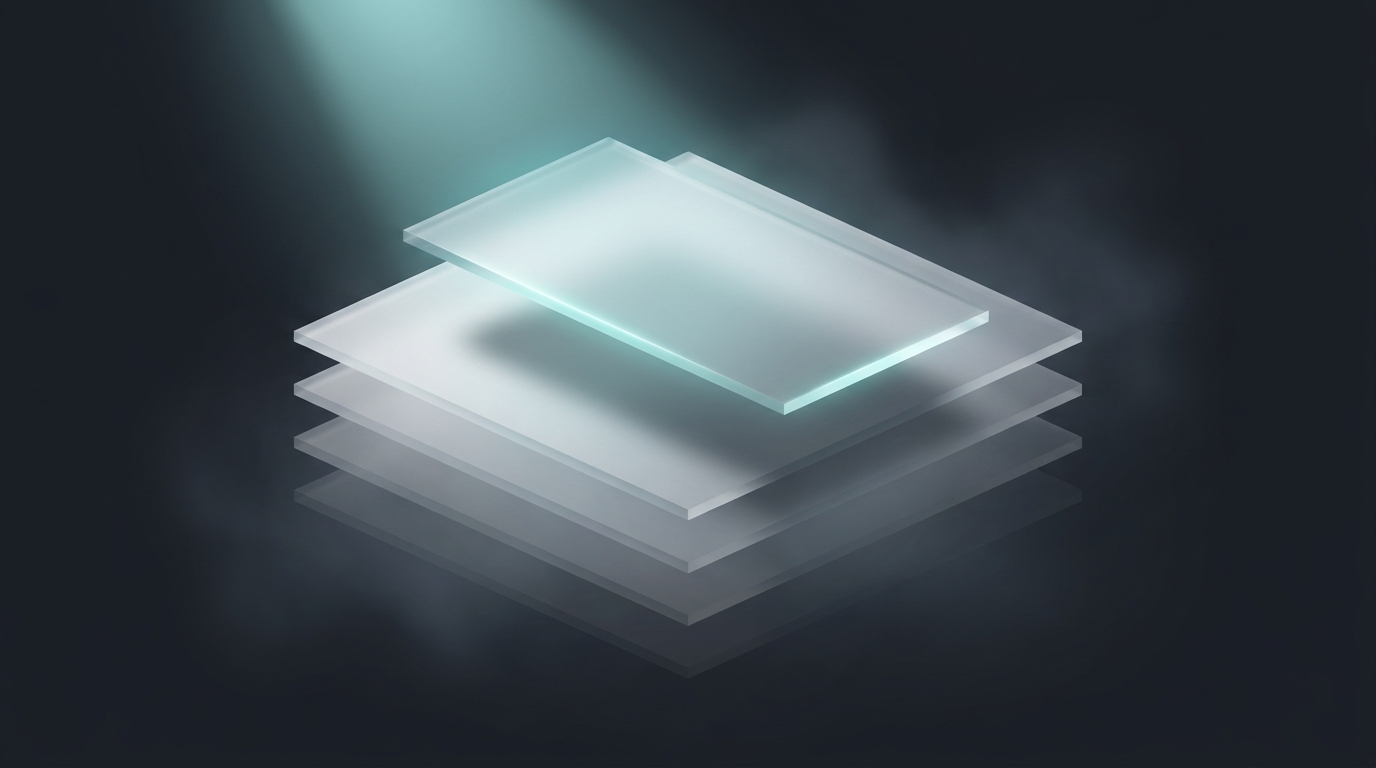 Layered translucent planes suspended against a deep slate background, lit from a single cool teal light source, abstract geometric forms receding into atmospheric depth.