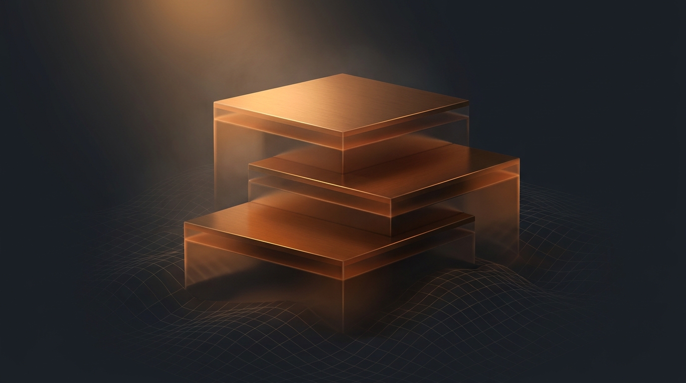 Layered architectural platforms rising from a dark slate surface, lit by warm amber light from a single overhead source, abstract topographic forms receding into haze