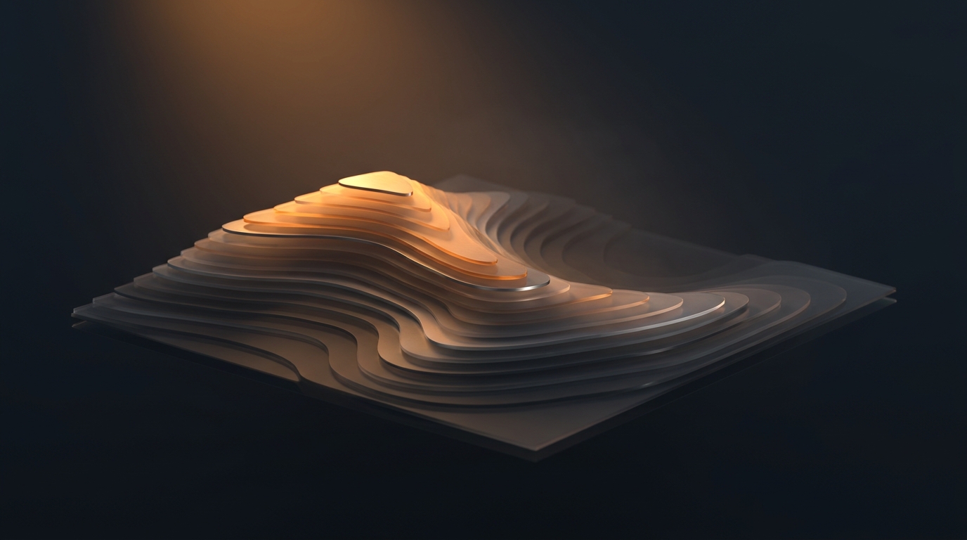 Editorial illustration of a glowing topographic landscape with layered amber light contours rising from a deep slate surface, soft volumetric haze in background