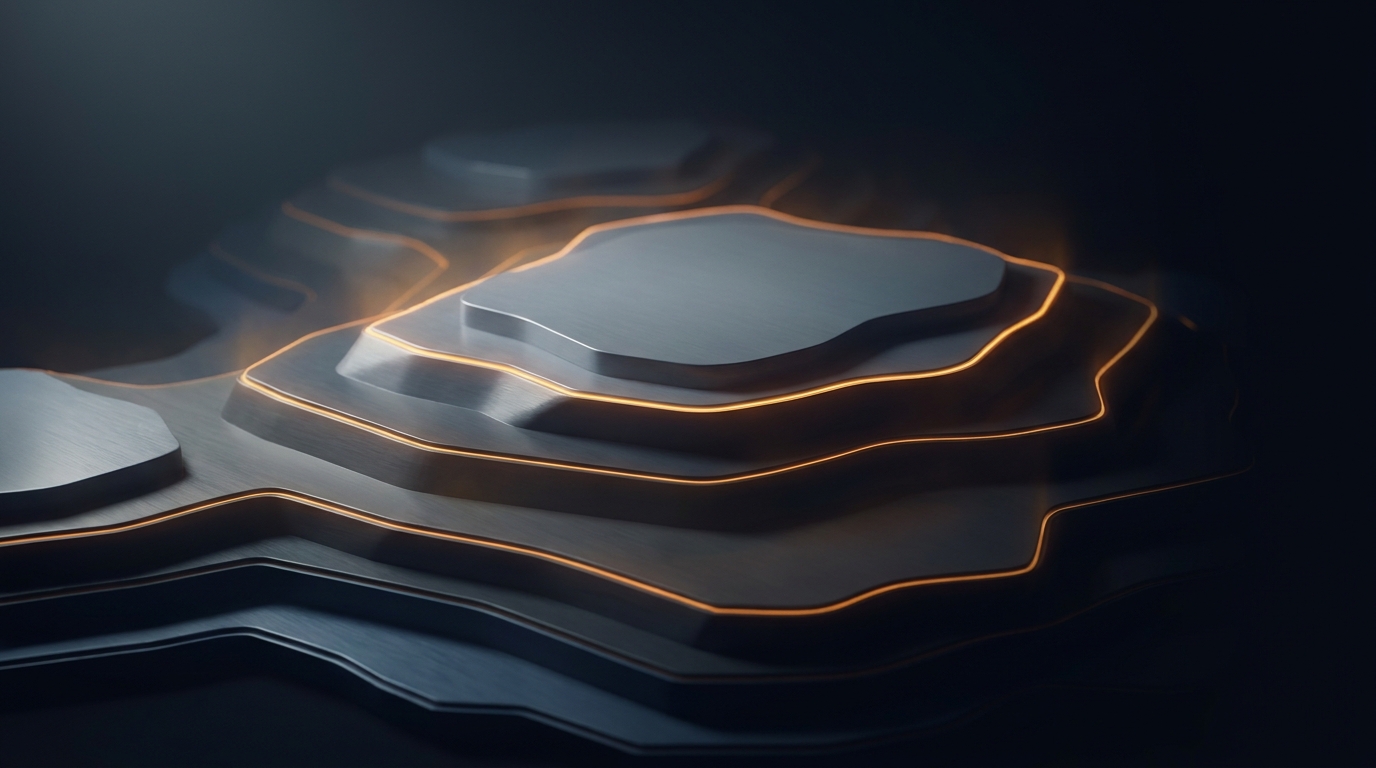Editorial illustration of layered topographic landscape with glowing amber contour lines rising from near-black background, soft directional light, geometric tiers ascending toward center.
