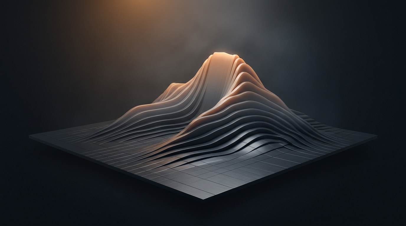 3D illustration of layered topographic landscape in deep slate with warm amber ridgelines rising from flat terrain, single light source casting soft directional shadows