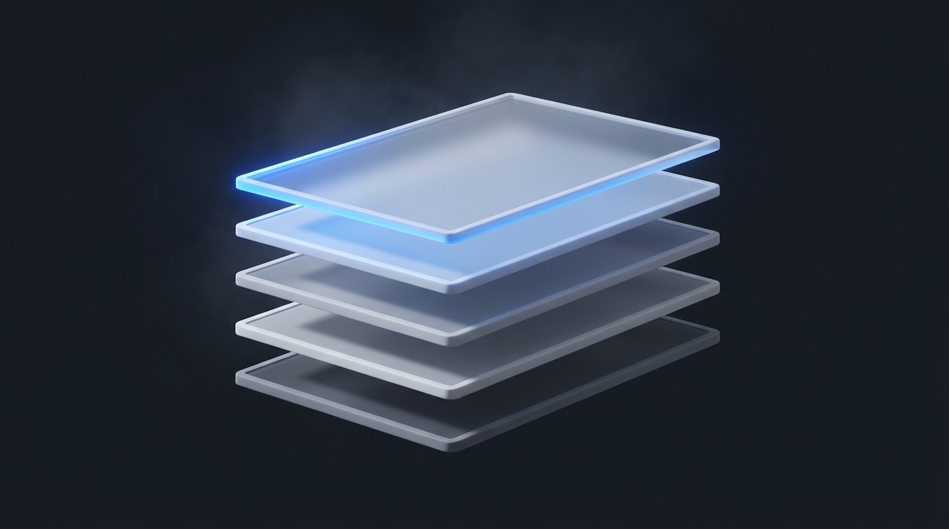 Layered translucent geometric planes suspended on deep slate background, lit from the left in electric blue, with five distinct stacked layers in soft 3D relief
