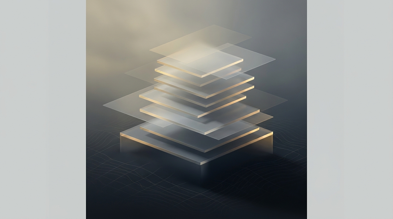Abstract layered architectural forms in muted gold rising from a dark slate surface, lit by a single soft directional light source with atmospheric depth