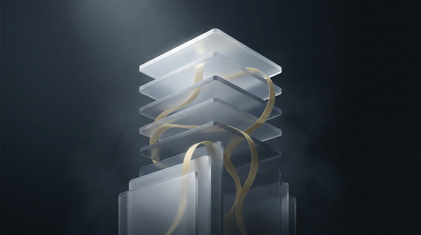 Abstract 3D illustration of layered architectural planes and flowing data ribbons in muted gold against a deep slate background, soft directional lighting