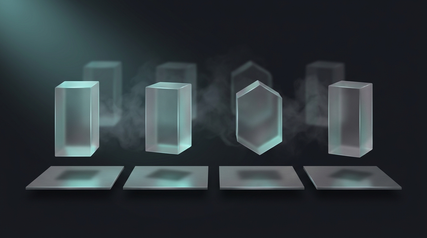 Four suspended geometric prisms in cool teal light, arranged in a row against a deep slate background, each lit from one side with soft directional glow.