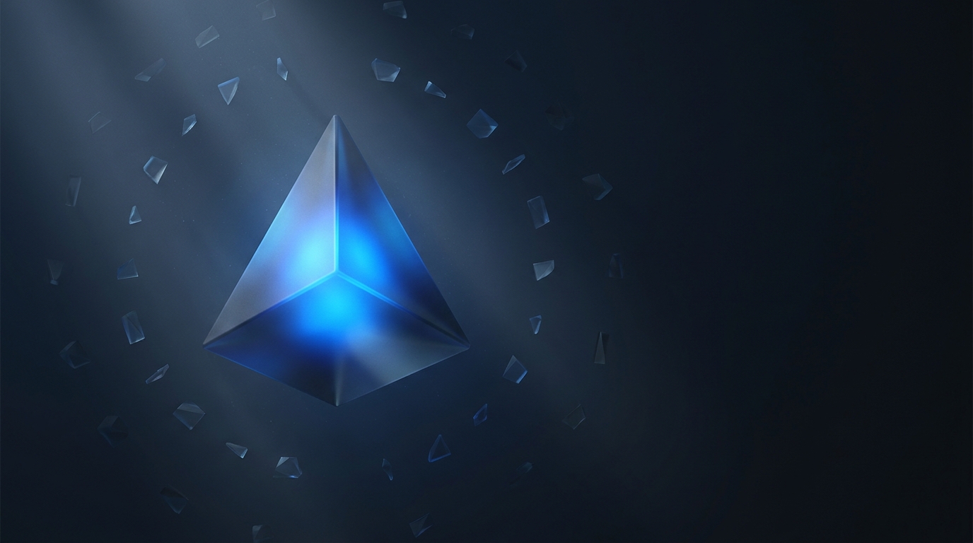 Abstract 3D illustration of a large suspended geometric prism with a glowing electric blue core against a deep slate background, surrounded by dimming orbiting fragments