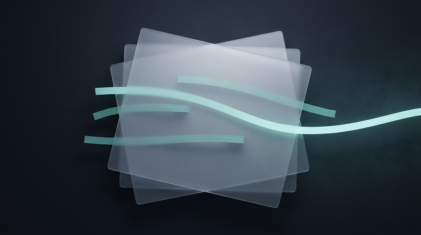 Abstract editorial illustration of layered translucent planes with flowing cool teal light ribbons against a deep slate background, symbolizing filtered data streams.