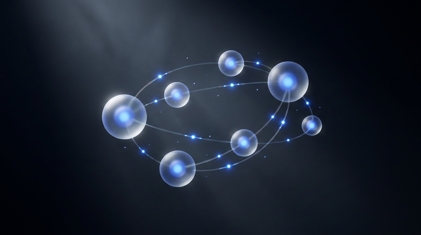 Editorial illustration of glowing electric blue connected nodes with light pulses on a deep slate background, suggesting AI automation networks and deadline-driven data flows.