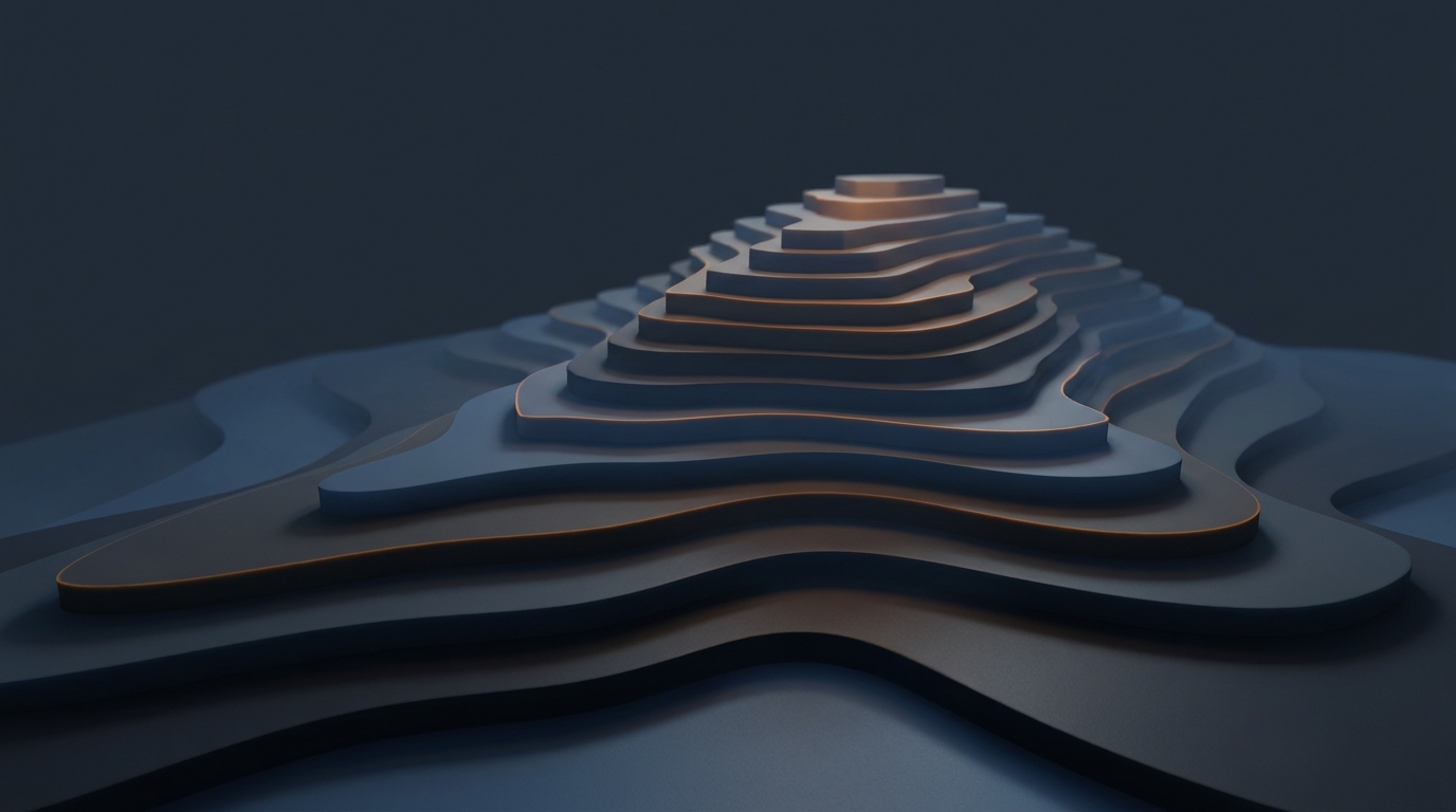 Abstract topographic landscape in deep amber rising from a dark slate base, layered architectural terrain forms with soft directional lighting, 16:9 editorial illustration