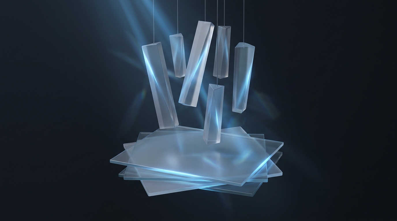 Suspended geometric prisms casting soft electric blue light against a deep slate background, with layered translucent planes fragmenting beneath them.