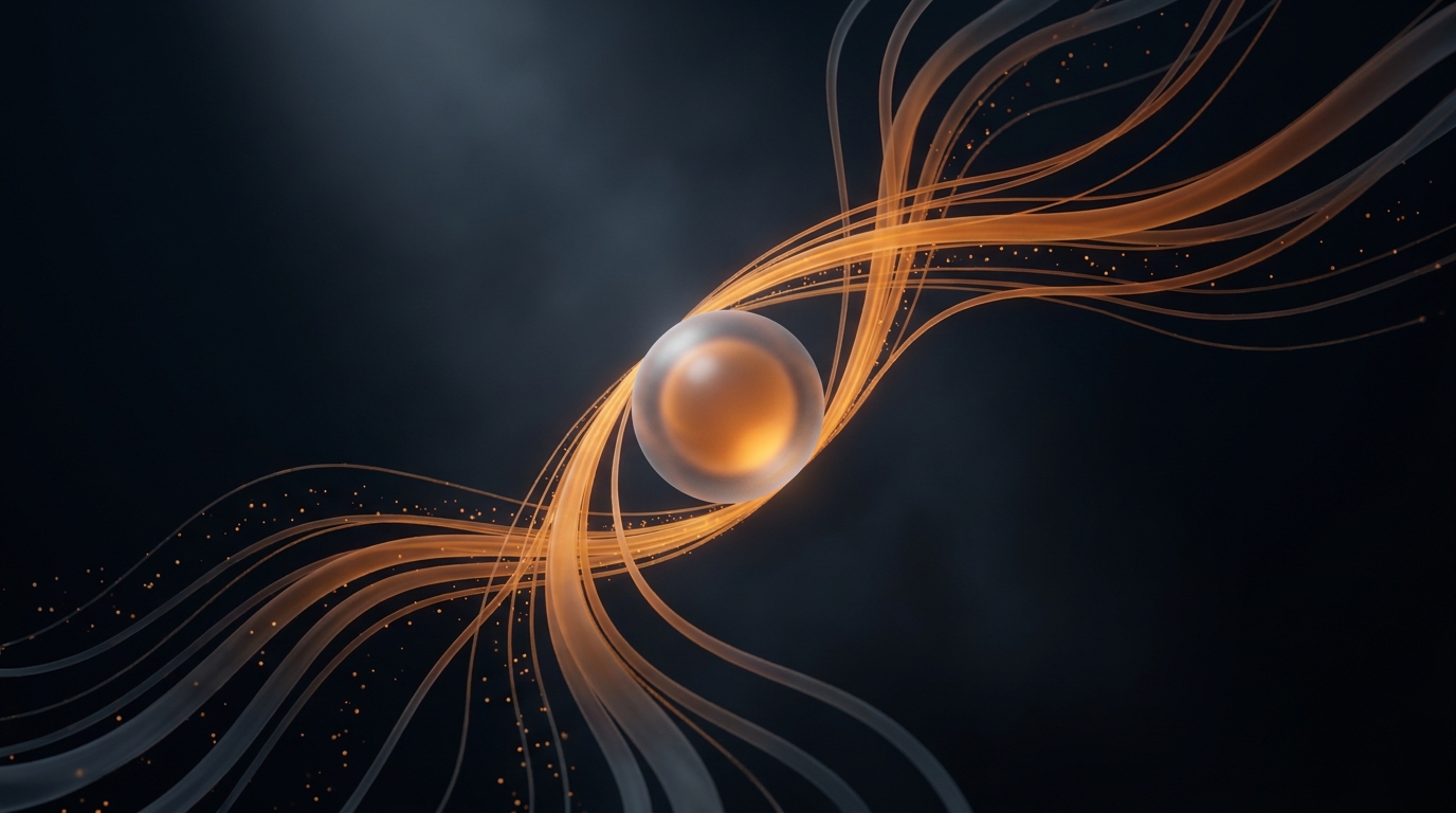 3D editorial illustration of glowing deep amber data ribbons flowing through a dark slate void, curving upward toward a central suspended geometric node