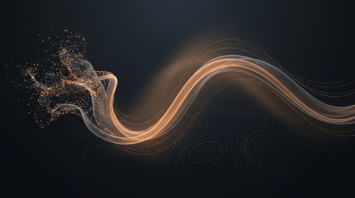 Abstract 3D data ribbons and particle trails in deep amber flowing through a dark slate space, representing a progression from turbulence to smooth optimized flow.