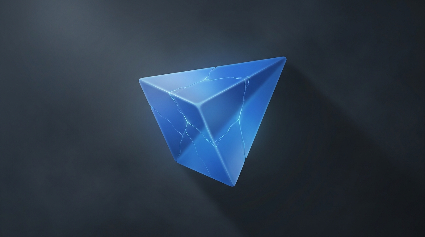 Abstract 3D illustration of a cracked geometric prism in electric blue against a deep slate background, with soft directional light revealing fracture lines across its surface.